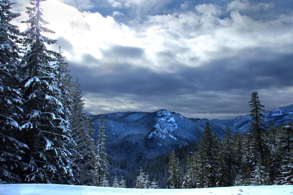 Free Image of A snowy mountain range with trees and clouds 