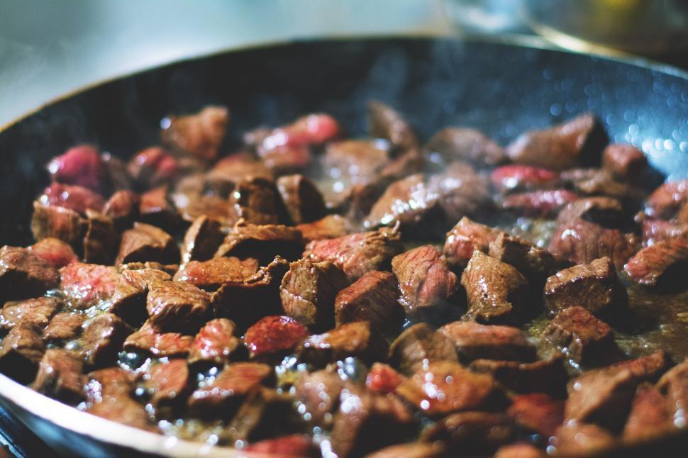 Free Image of A large pan of meat cooking 