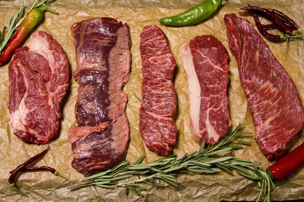 Free Image of A group of raw meats on brown paper 