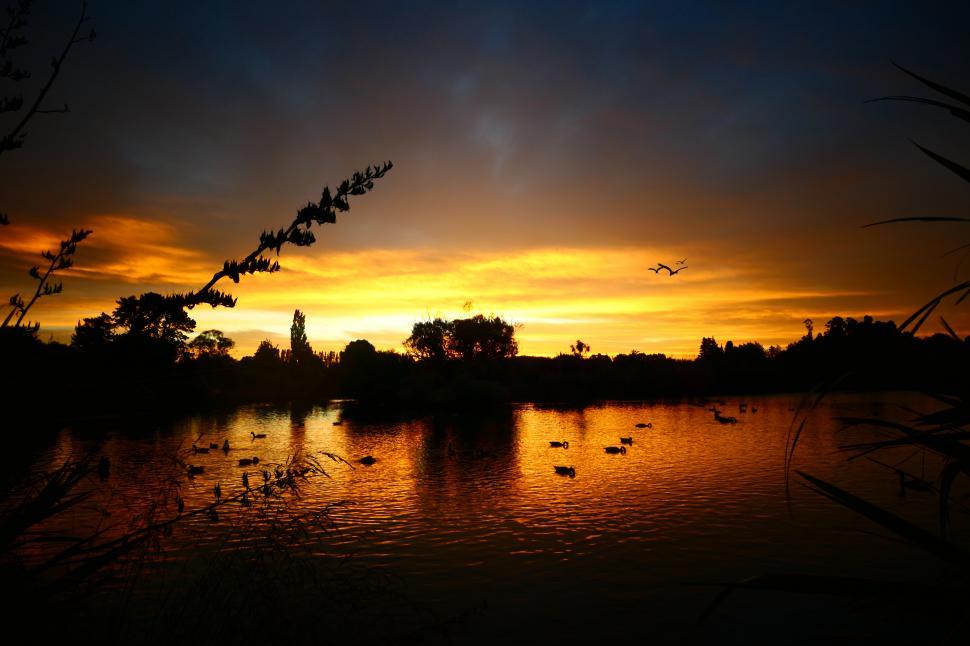 Free Image of A sunset over a lake 