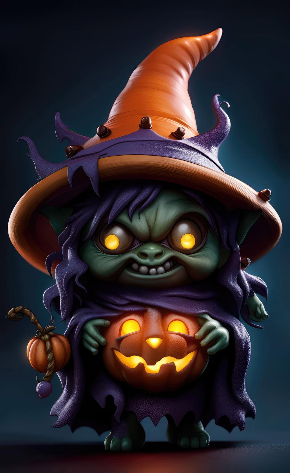 Free Image of Spooky halloween witch character with jack o lantern 