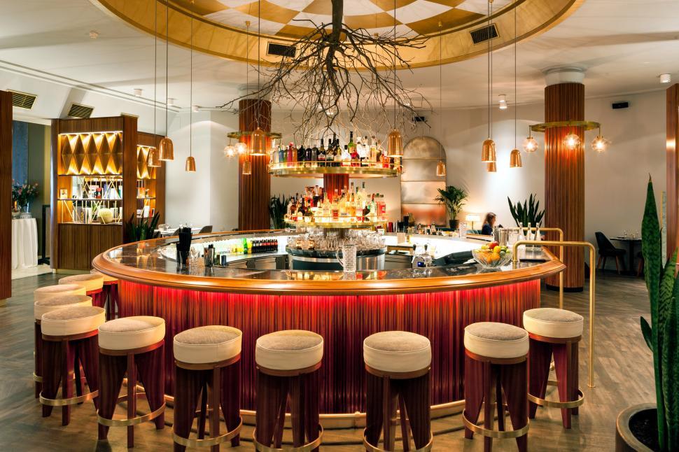 Free Image of A bar with a bar and stools 
