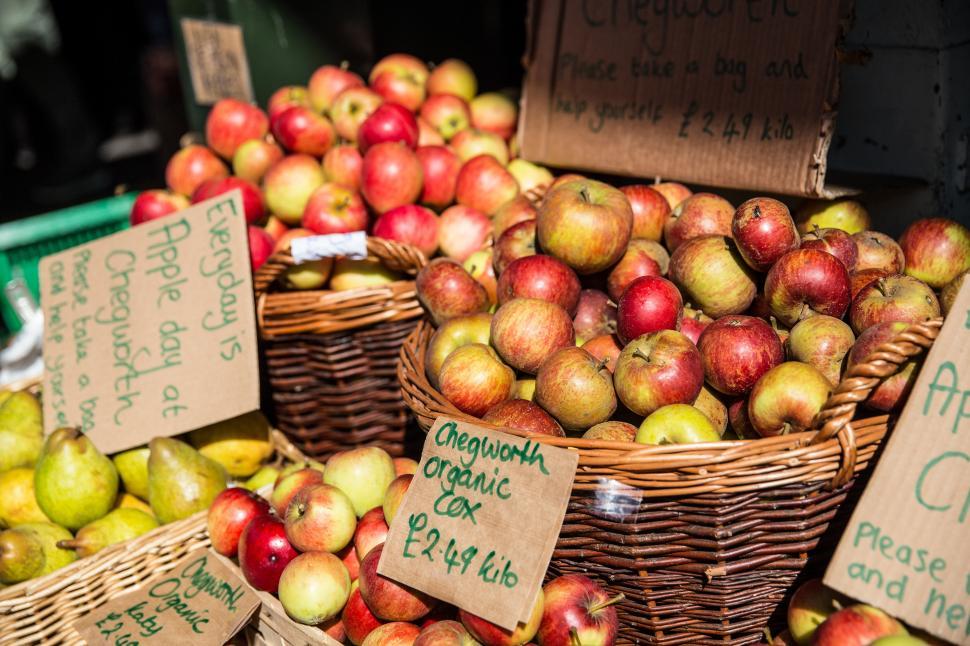 Free Image of Baskets of apples and pears with signs on them 