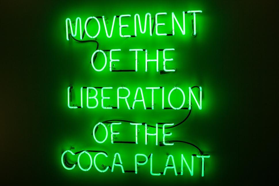 Free Image of A green neon sign says Movement of the Liberation of the Coca Plant 