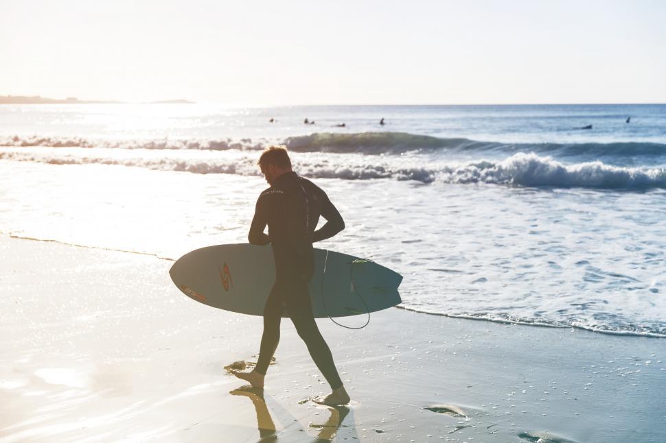 Free Image of A man walking on a beach with a surfboard 