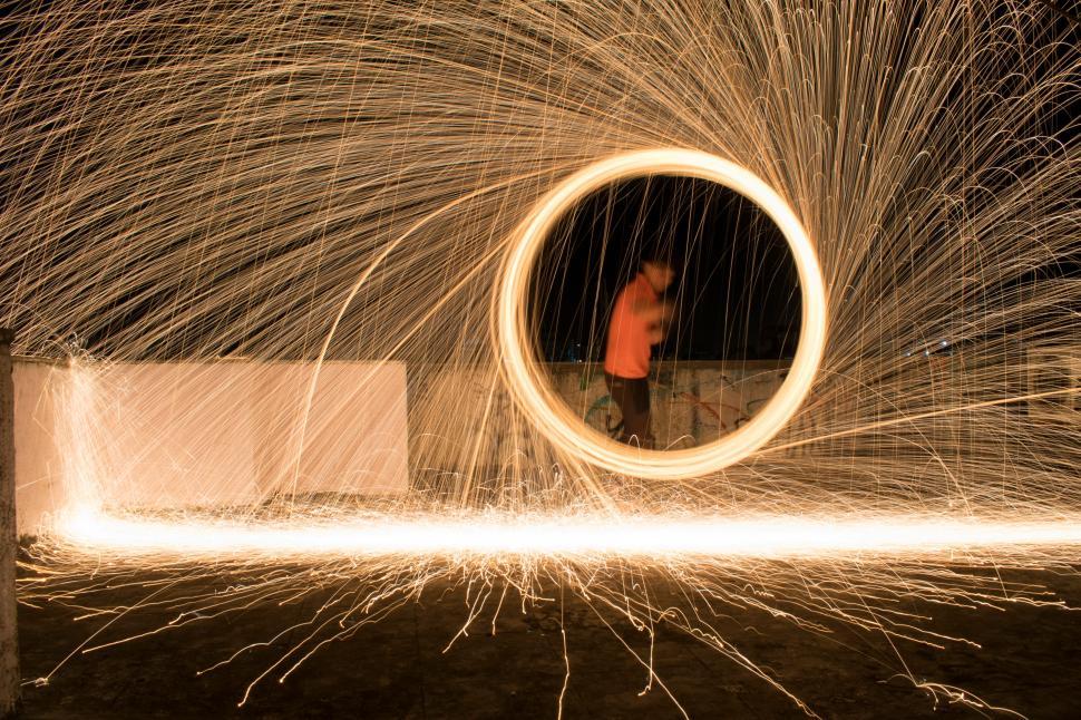 Free Image of A person standing in a circle of sparks 