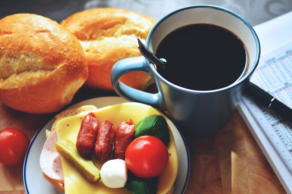 Free Image of A plate of food and a cup of coffee 