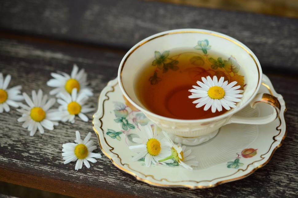 Free Image of A cup of tea with flowers on a saucer 