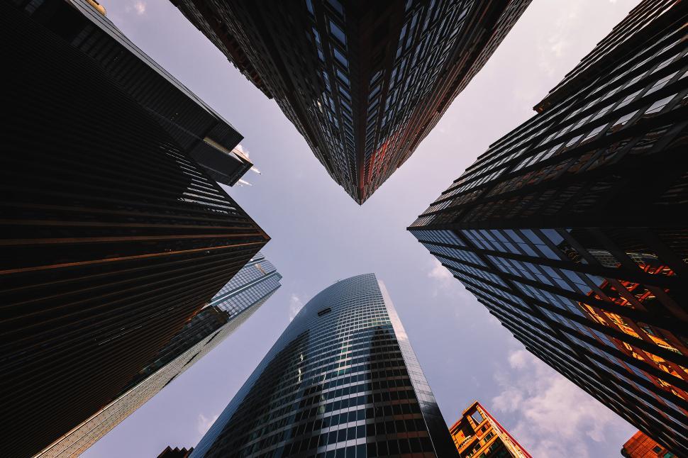 Free Image of Looking up view of tall buildings 