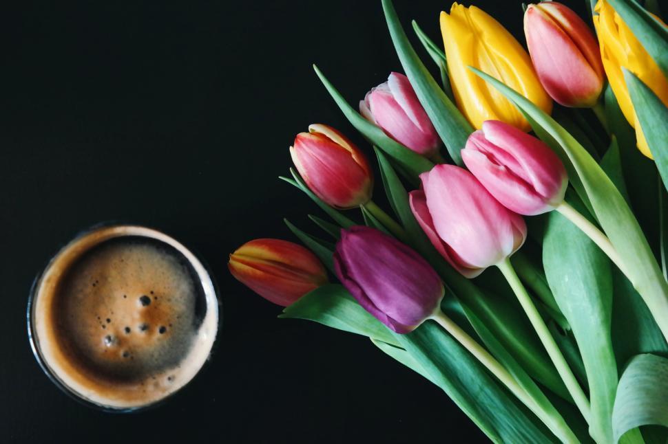 Free Image of A bouquet of tulips and a cup of coffee 