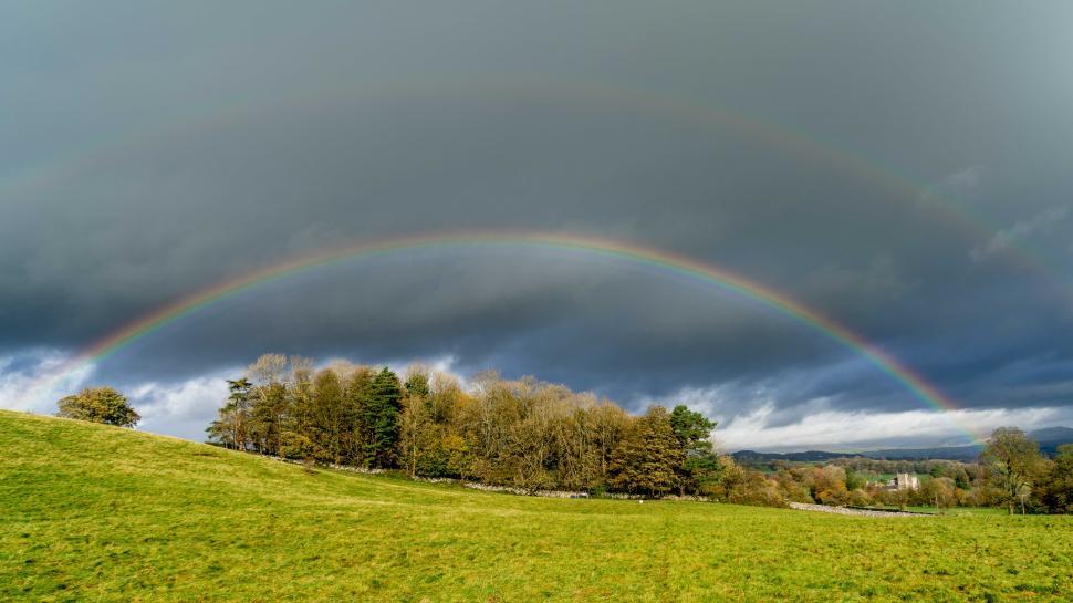 Free Image of A rainbow over a field of trees 