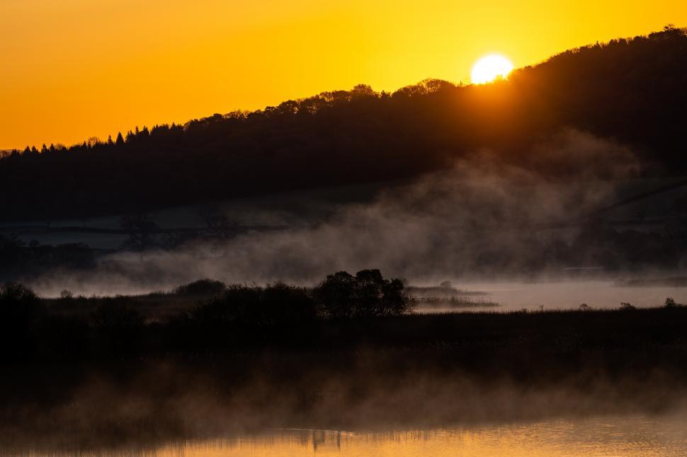 Free Image of A foggy lake with trees and a yellow sunset 