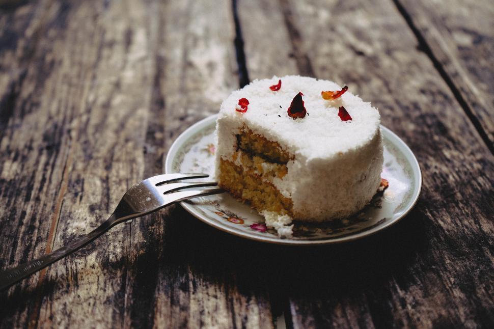 Free Image of A piece of cake with a fork on a plate 