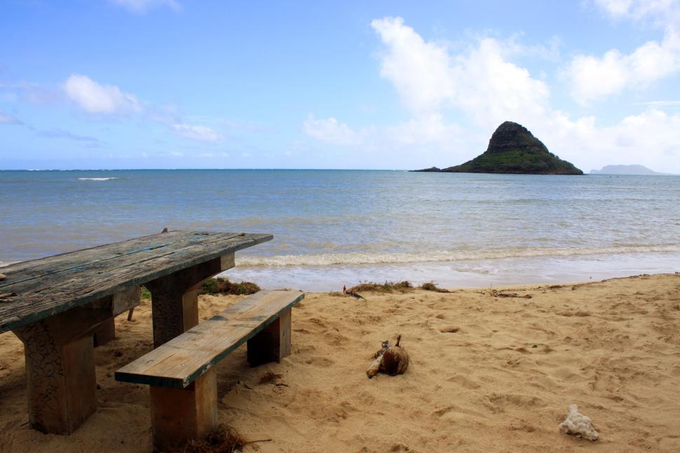Free Image of A picnic table on a beach 