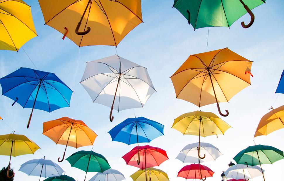 Free Image of A group of umbrellas in the air 