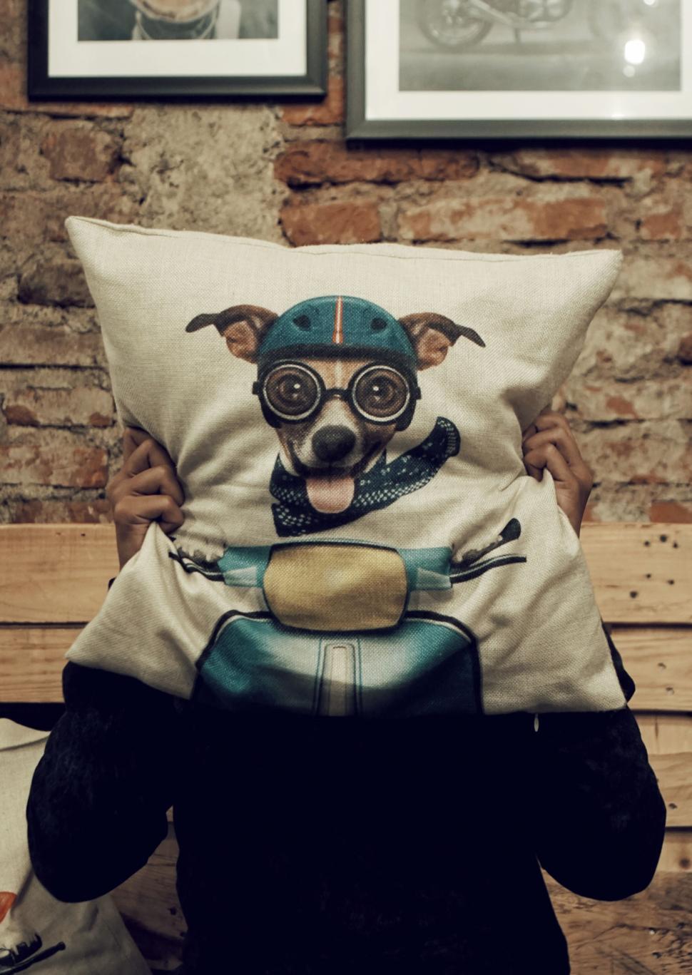 Free Image of A person holding a pillow with a dog on it 