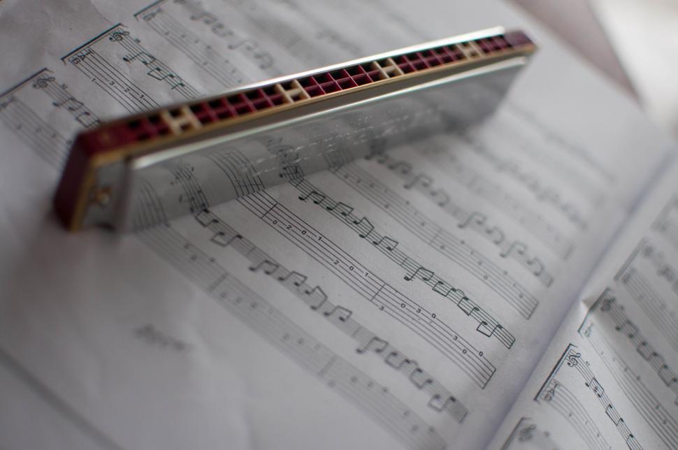 Free Image of A harmonica on a sheet of music 