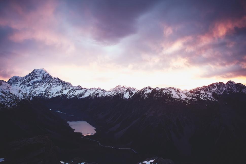 Free Image of A mountain range with snow and a lake 