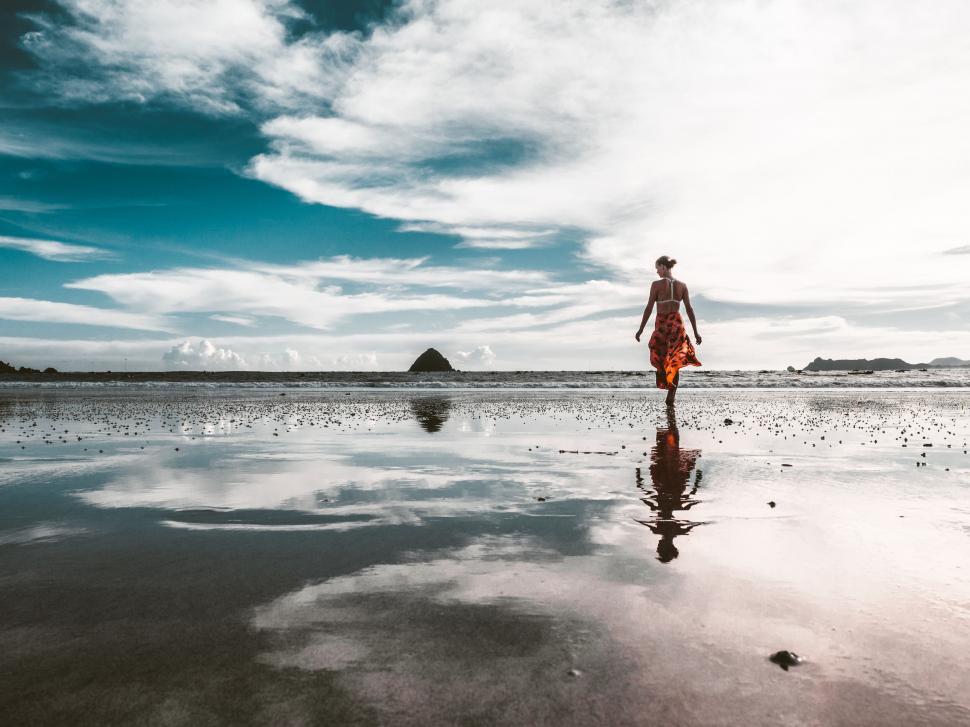 Free Image of A woman walking on a beach 