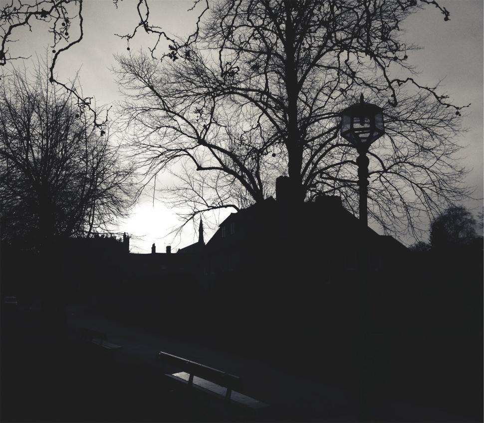 Free Image of A silhouette of a building and a lamp post 
