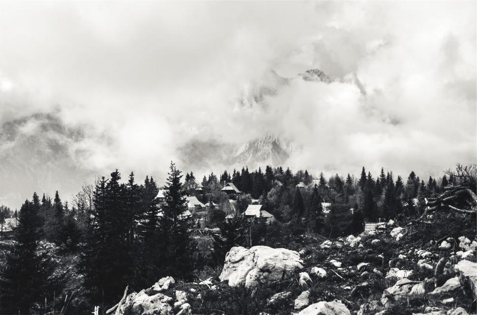 Free Image of A mountain landscape with trees and clouds 