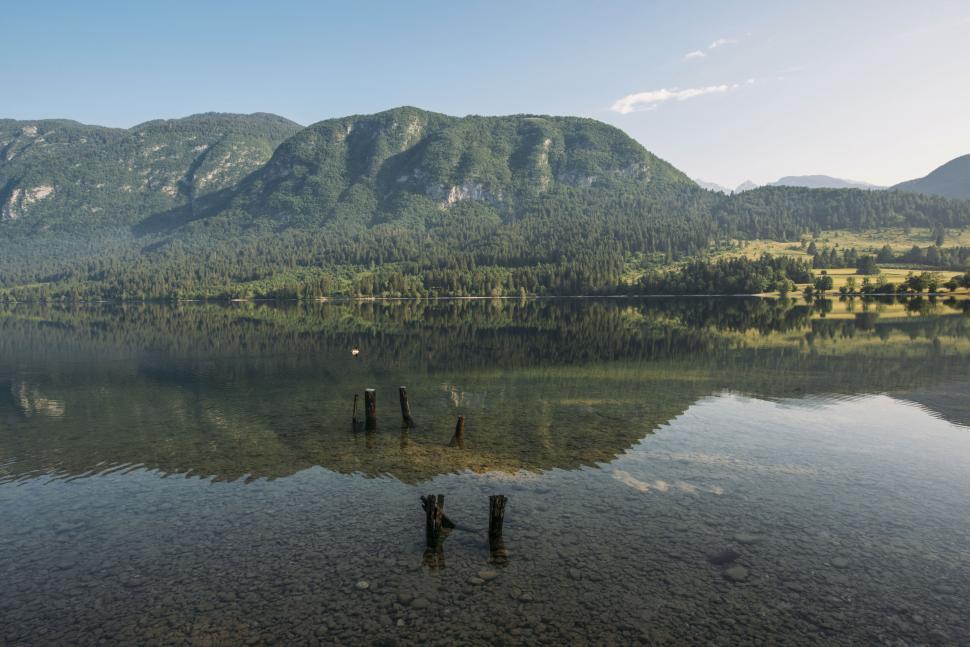 Free Image of A lake with trees and mountains in the background 