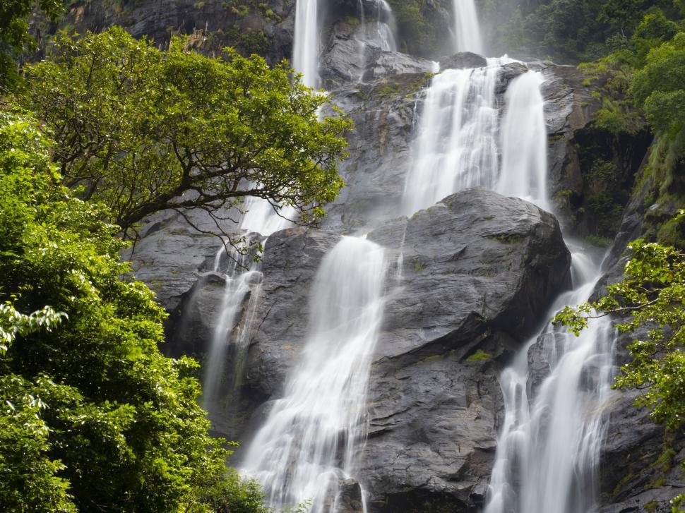 Free Image of A waterfall with trees around it 