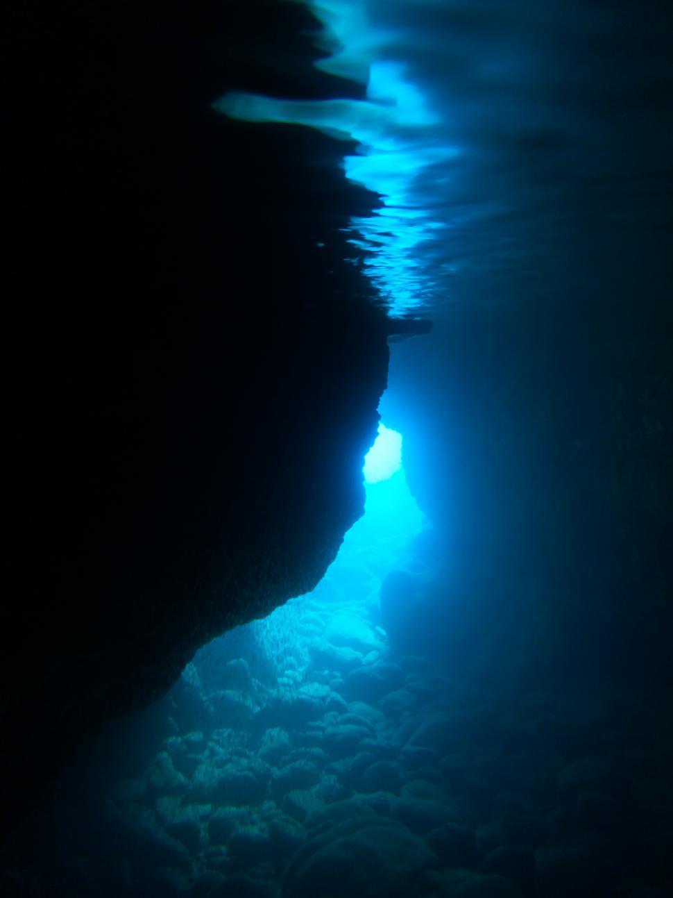 Free Image of A cave with light shining through the water 