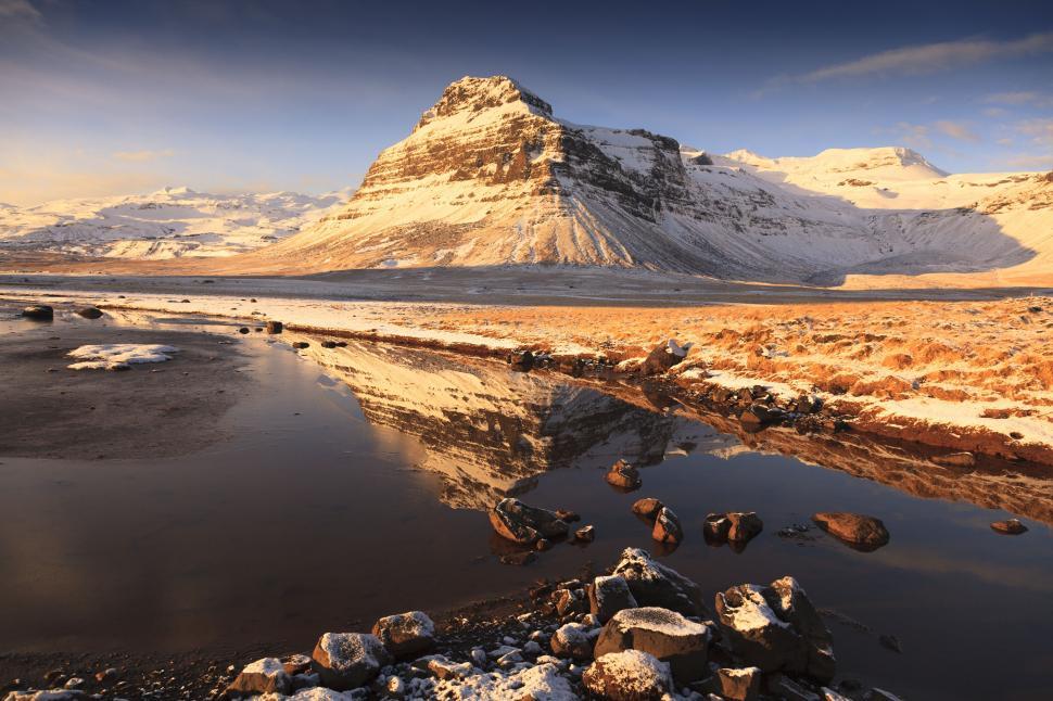 Free Image of A snowy mountain and a river 
