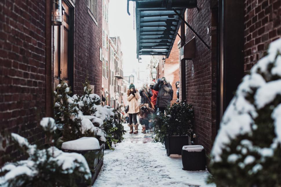 Free Image of A group of people taking pictures of a dog in a snowy alley 