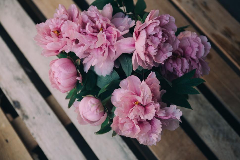 Free Image of A bouquet of pink flowers on a wooden surface 