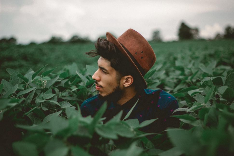 Free Image of A man in a hat in a field of green plants 