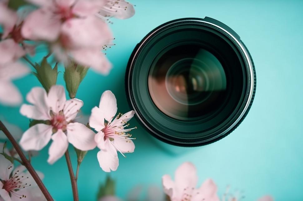 Free Image of A camera lens and flowers 