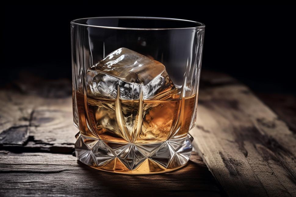 Free Image of A glass with ice and amber liquid 