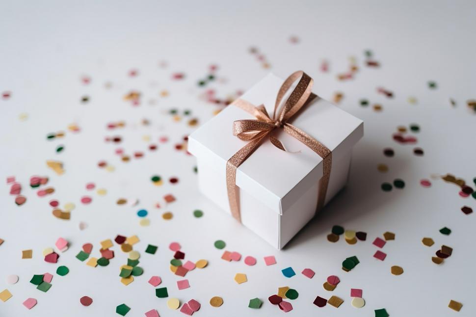 Free Image of A white box with a gold ribbon on top of a white surface with confetti 