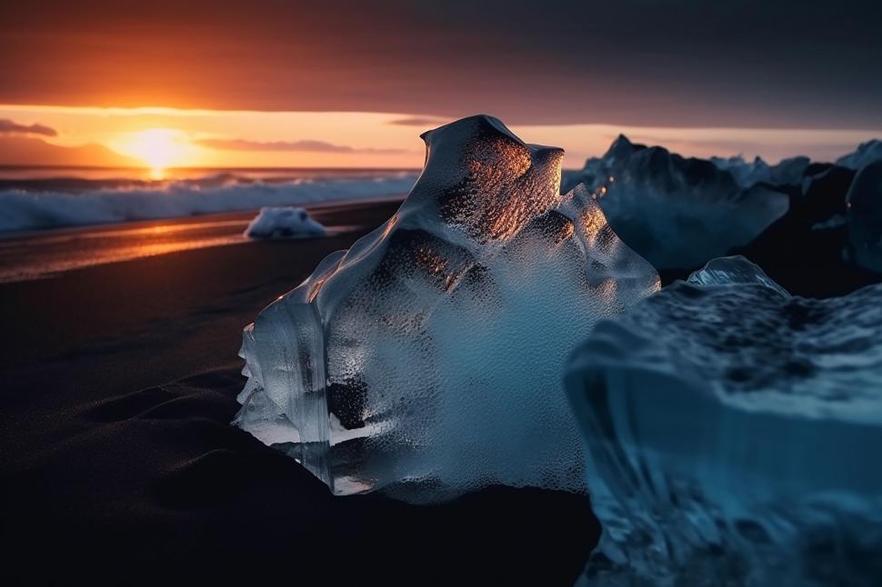 Free Image of Ice on a beach with a sunset 