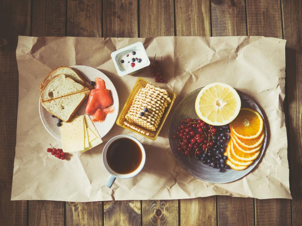 Free Image of A plate of food and a cup of coffee 