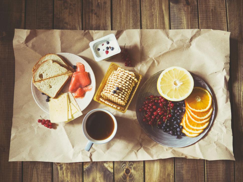 Free Image of A plate of food and a cup of coffee on a table 