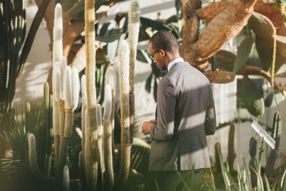 Free Image of A man in a suit standing next to a cactus 