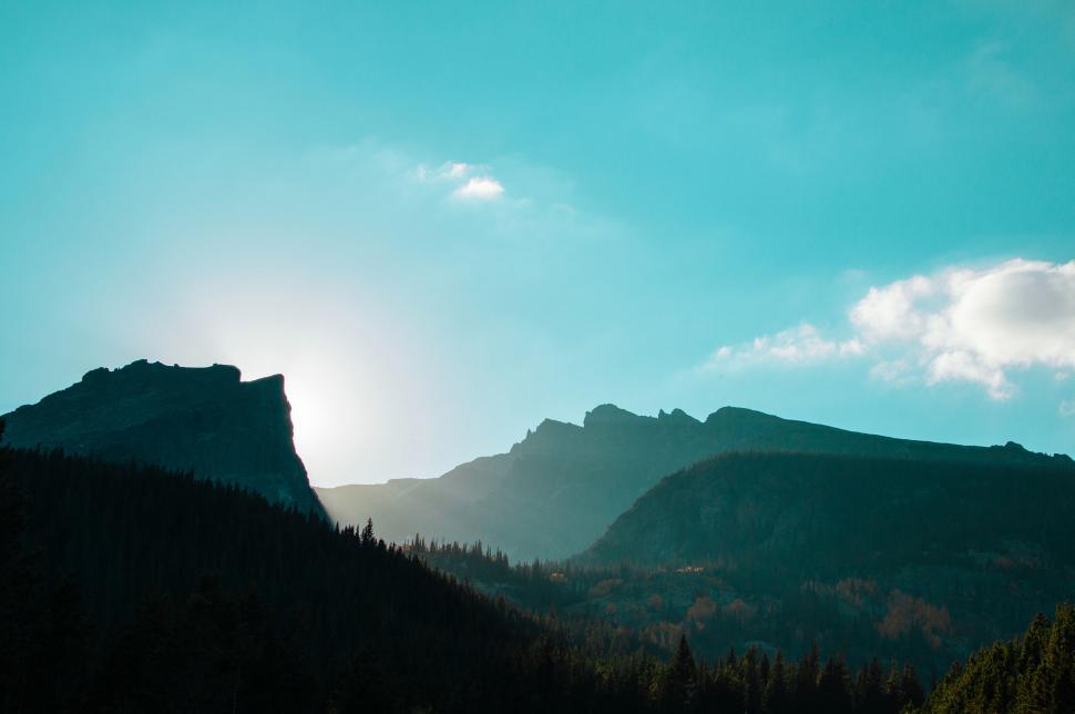 Free Image of A mountain range with trees and blue sky 