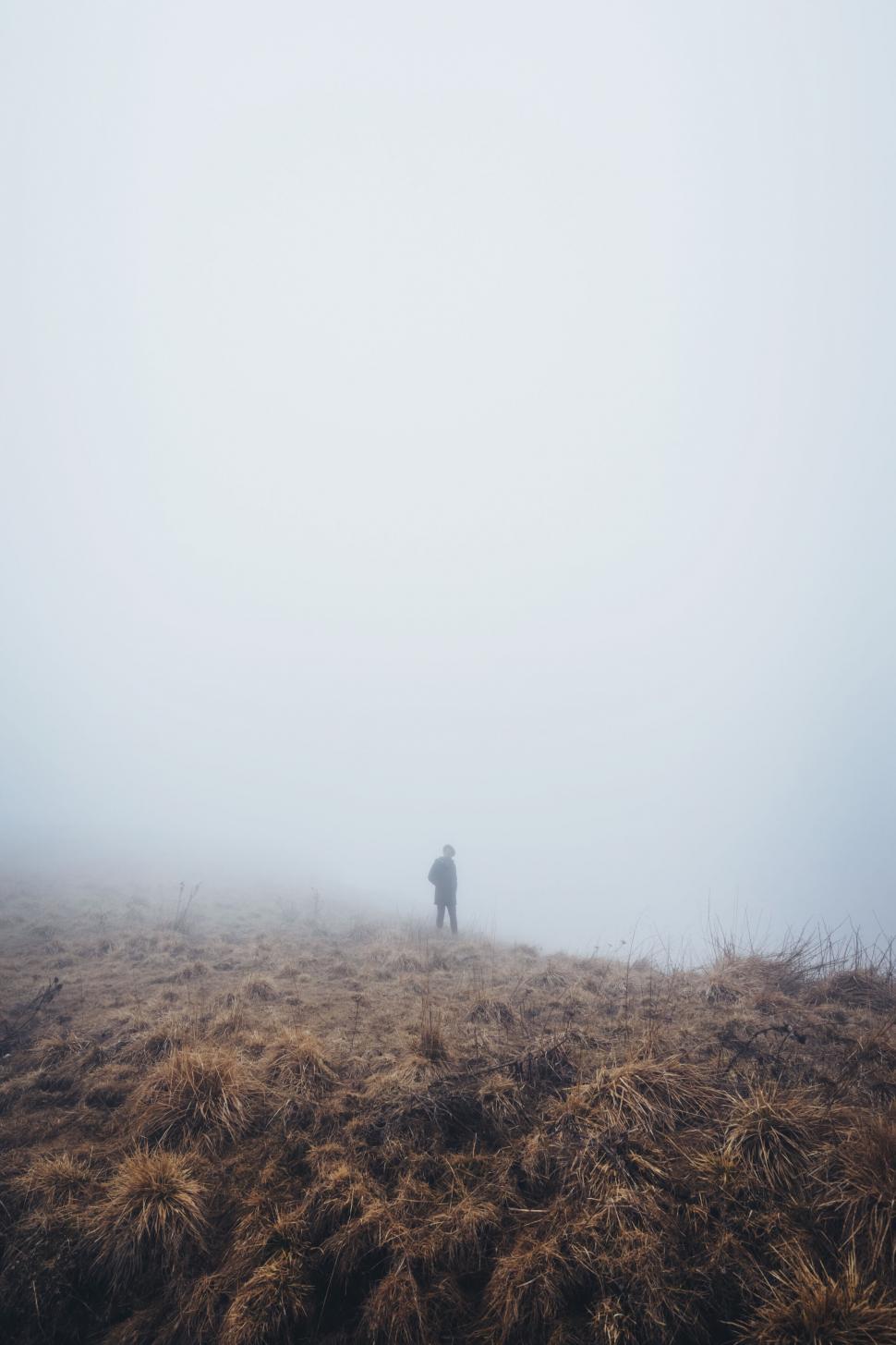 Free Image of A person standing on a hill with fog 