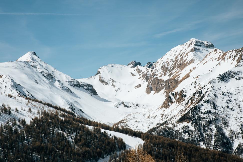 Free Image of A snowy mountain range with trees 