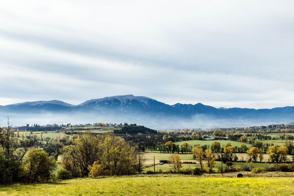 Free Image of A landscape with trees and mountains in the background 