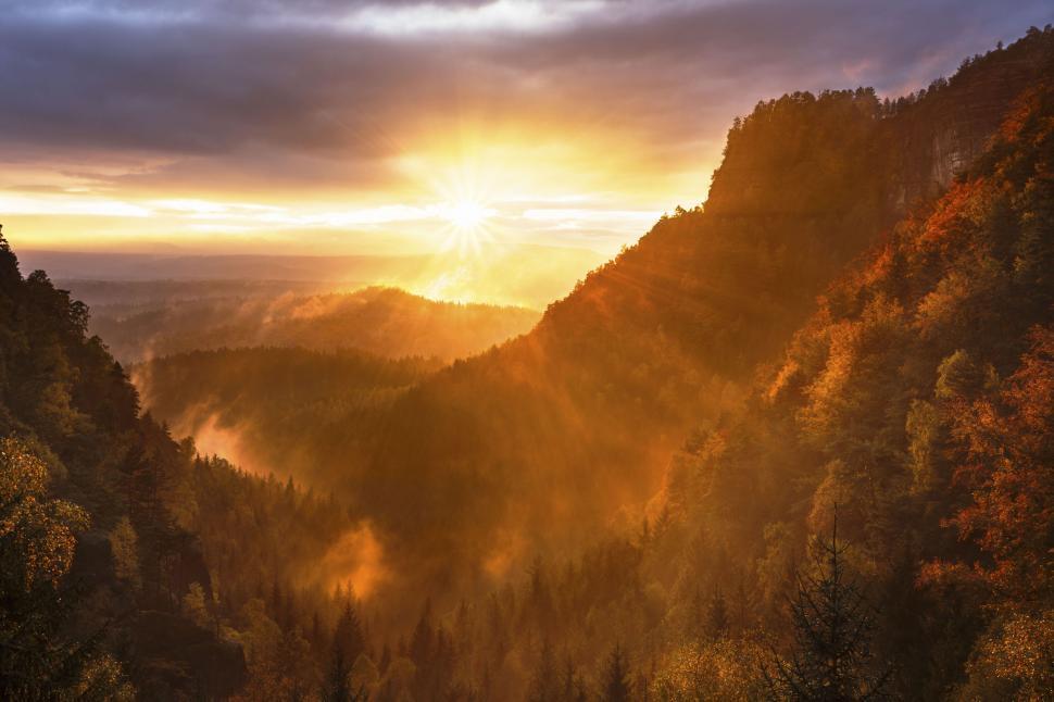 Free Image of A sun shining through the clouds over a valley of trees 