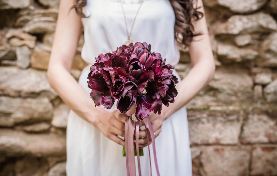 Free Image of A woman holding a bouquet of purple flowers 