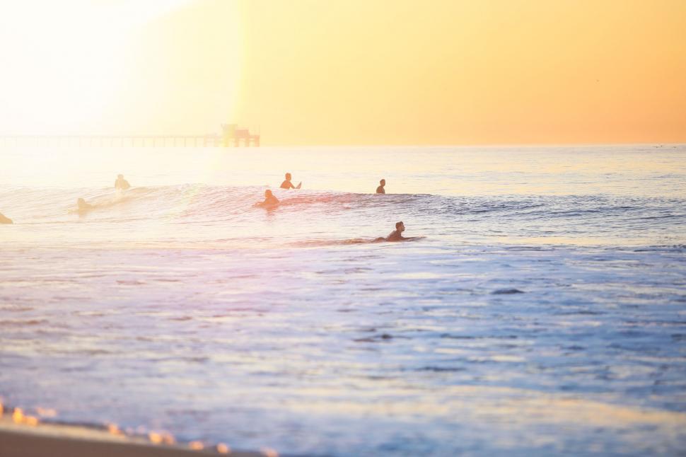 Free Image of A group of people surfing in the ocean 