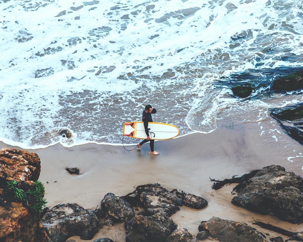 Free Image of A person walking on a beach with a surfboard 