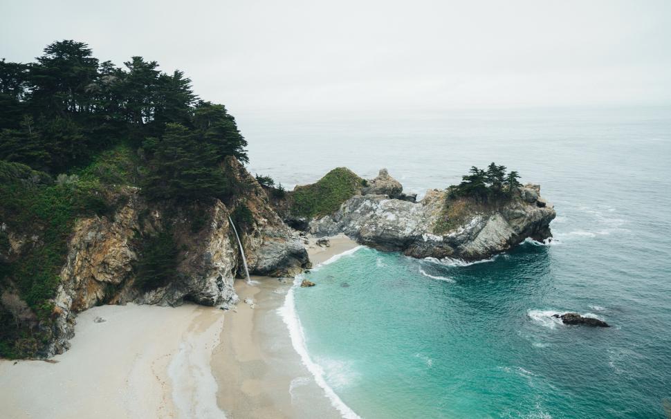 Free Image of A beach with trees and mcway falls 