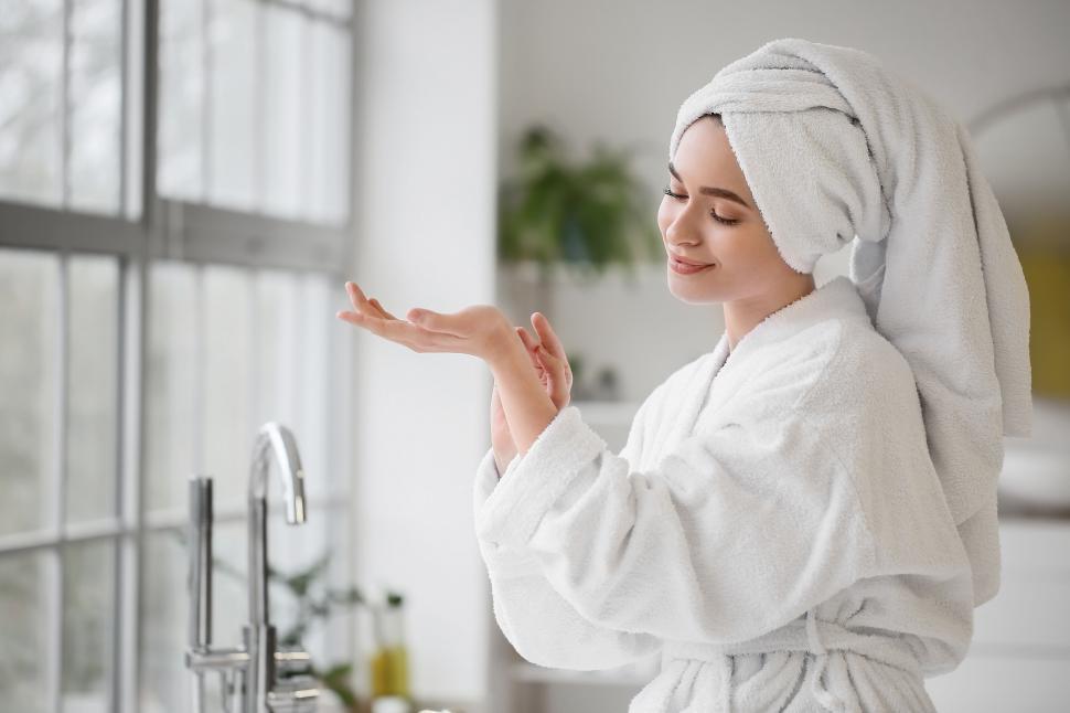 Free Image of A woman in a white robe and towel on her head 