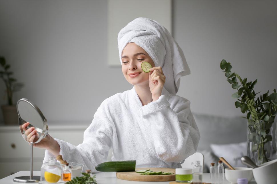 Free Image of A woman in a white robe holding a cucumber slice 